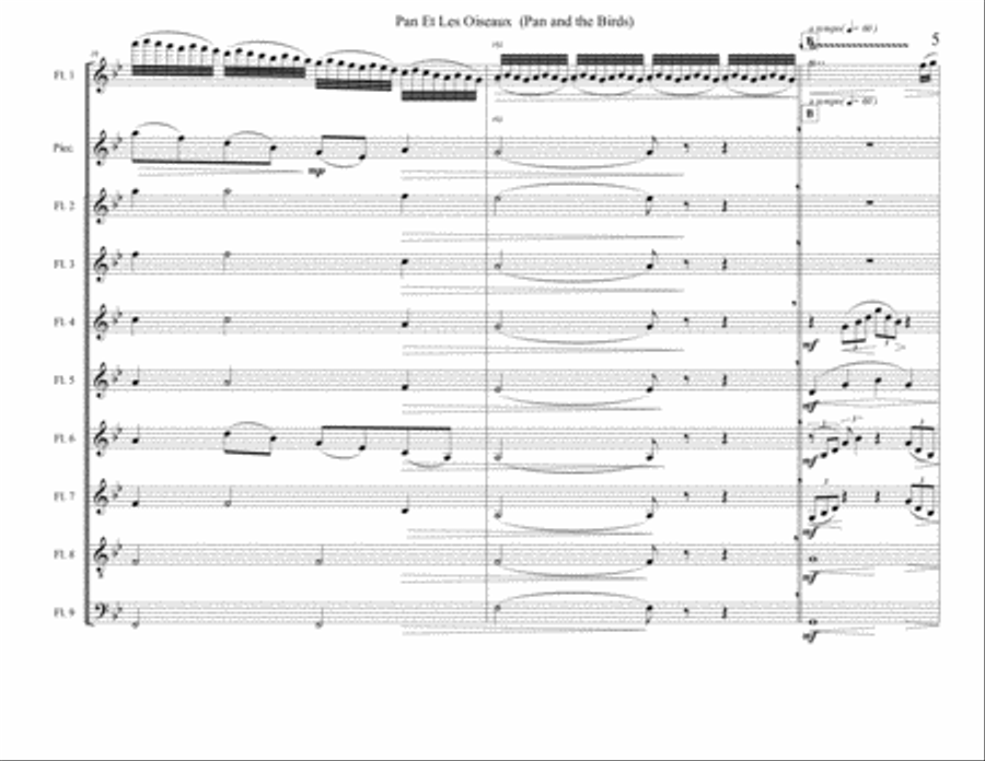 Pan Et Les Oiseaux ( Pan and the Birds ) for Flute solo with flute choir / ensemble by Jules Mouqu Flute Choir scores gallery preview page 6
