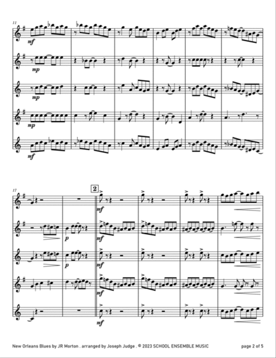 New Orleans Blues by JR Morton for Saxophone Quartet in Schools Saxophone Quartet scores gallery preview page 2