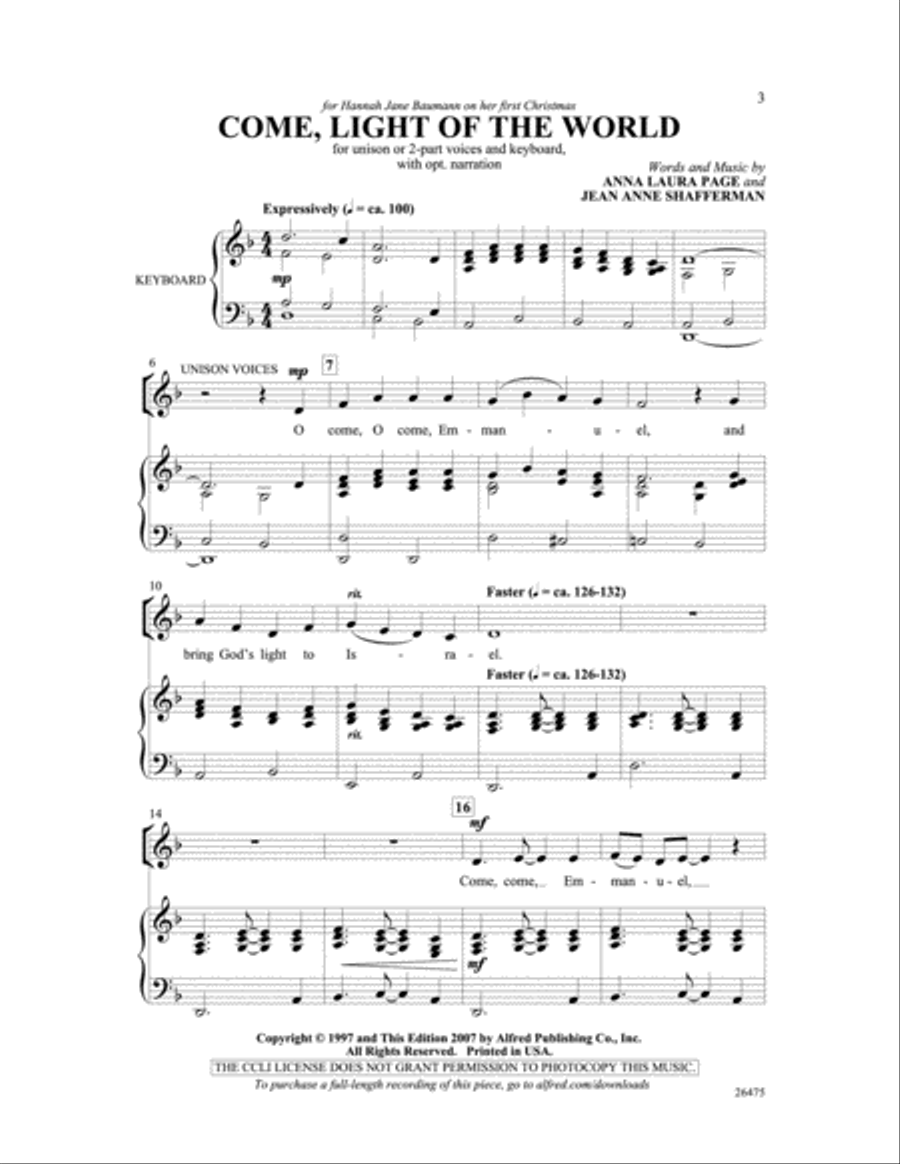 Come, Light of the World Come, Light of the World Unison Choir scores gallery preview page 2