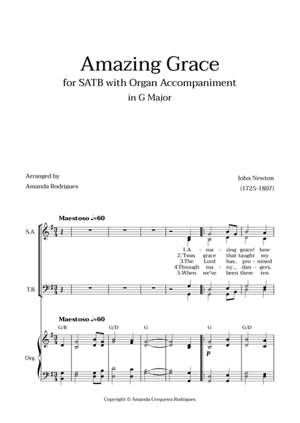 Amazing Grace in G Major - SAT and Baritone with Organ Accompaniment and Chords image number null