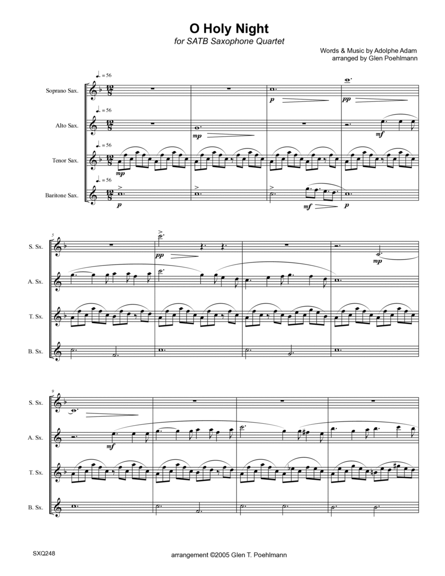 O HOLY NIGHT - unaccompanied SAXOPHONE QUARTET (SATB or AATB) Saxophone Quartet scores gallery preview page 1