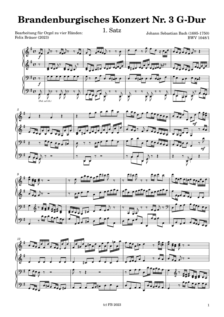 Brandenburgisches Konzert Nr. 3 G-Dur 1. Satz BWV 1048 (four hands organ duet) Chamber Music scores gallery preview page 1
