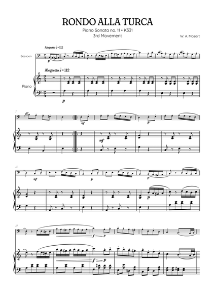 Rondo Alla Turca (Turkish March) • bassoon sheet music with piano accompaniment image number null