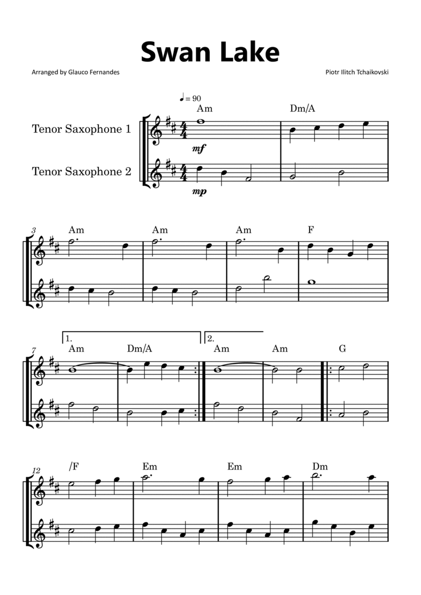 Swan Lake - Tenor Saxophone Duet with Chord Notations image number null