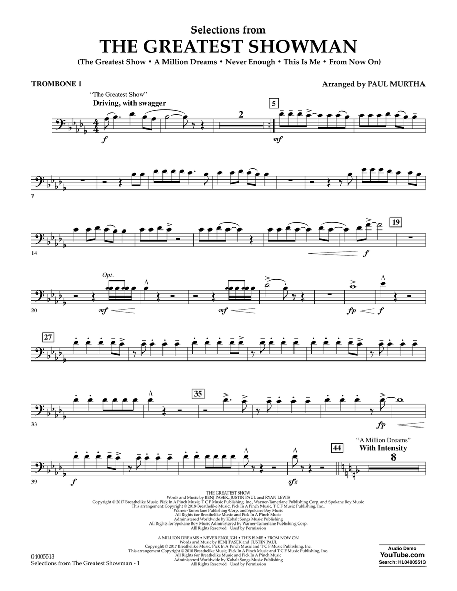 Selections from The Greatest Showman (arr. Paul Murtha) - Trombone 1 Concert Band scores gallery preview page 1