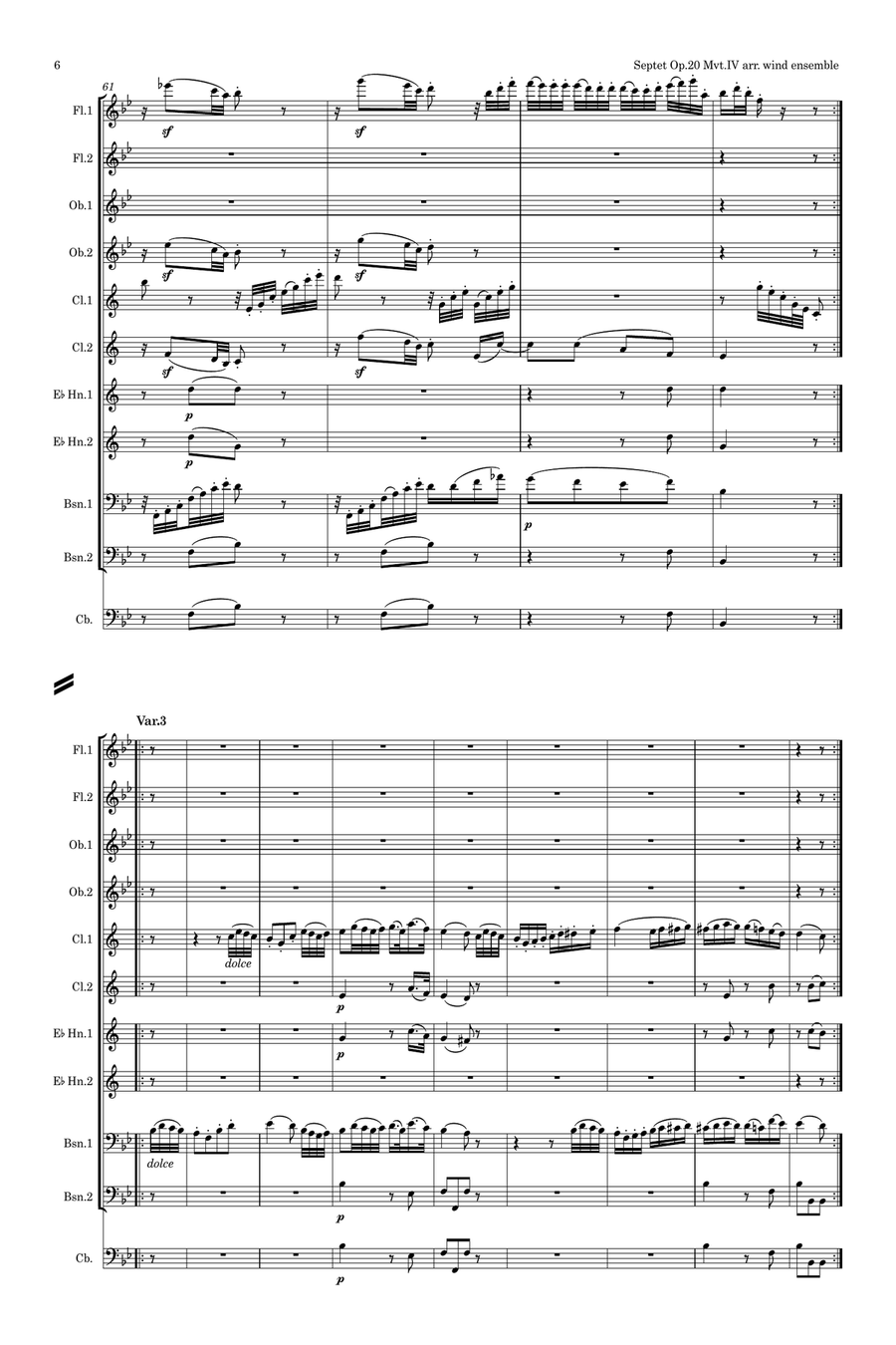 Beethoven: Septet Op.20 IV. Tema con Variazioni - wind dectet/bass Large Ensemble scores gallery preview page 6