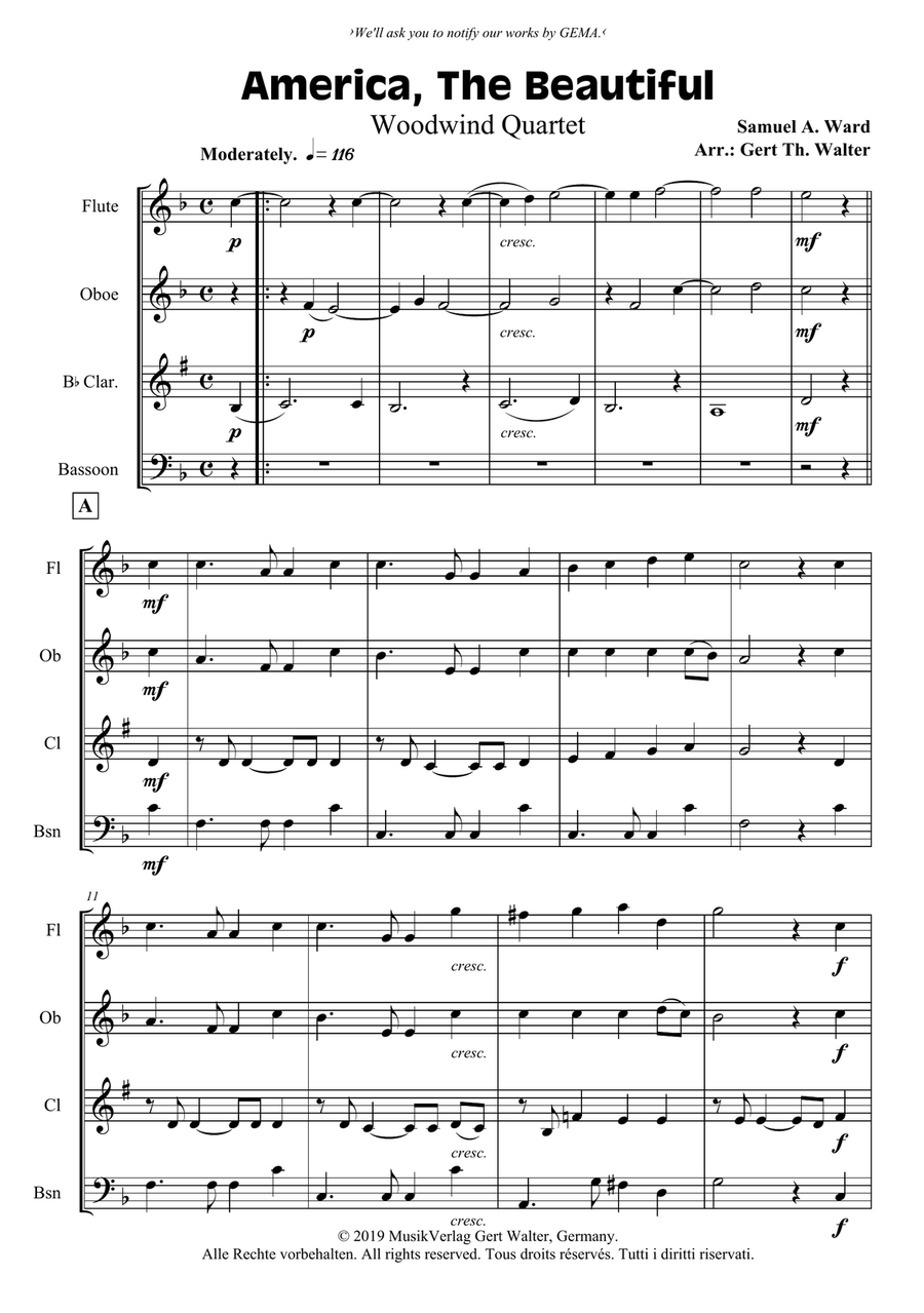 America, The Beautiful America, The Beautiful Woodwind Quartet scores gallery preview page 1
