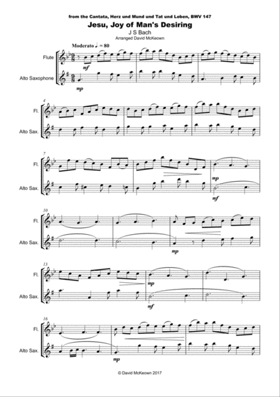 Jesu Joy of Man's Desiring, J S Bach, Flute and Alto Saxophone Duet Woodwind Duet scores gallery preview page 2