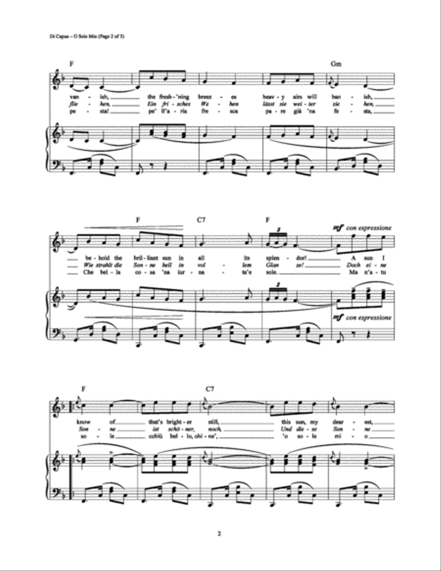 O Sole Mio O Sole Mio Piano, Vocal, Guitar scores gallery preview page 2