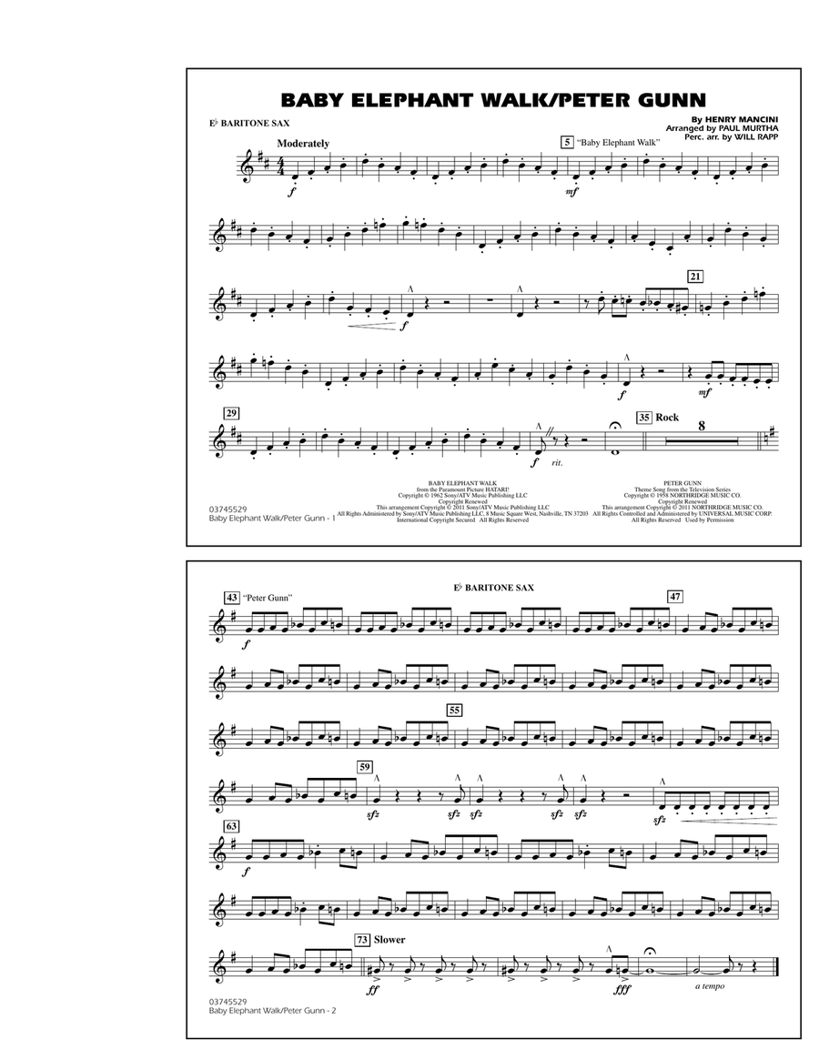 Baby Elephant Walk/Peter Gunn - Eb Baritone Sax Marching Band scores gallery preview page 1