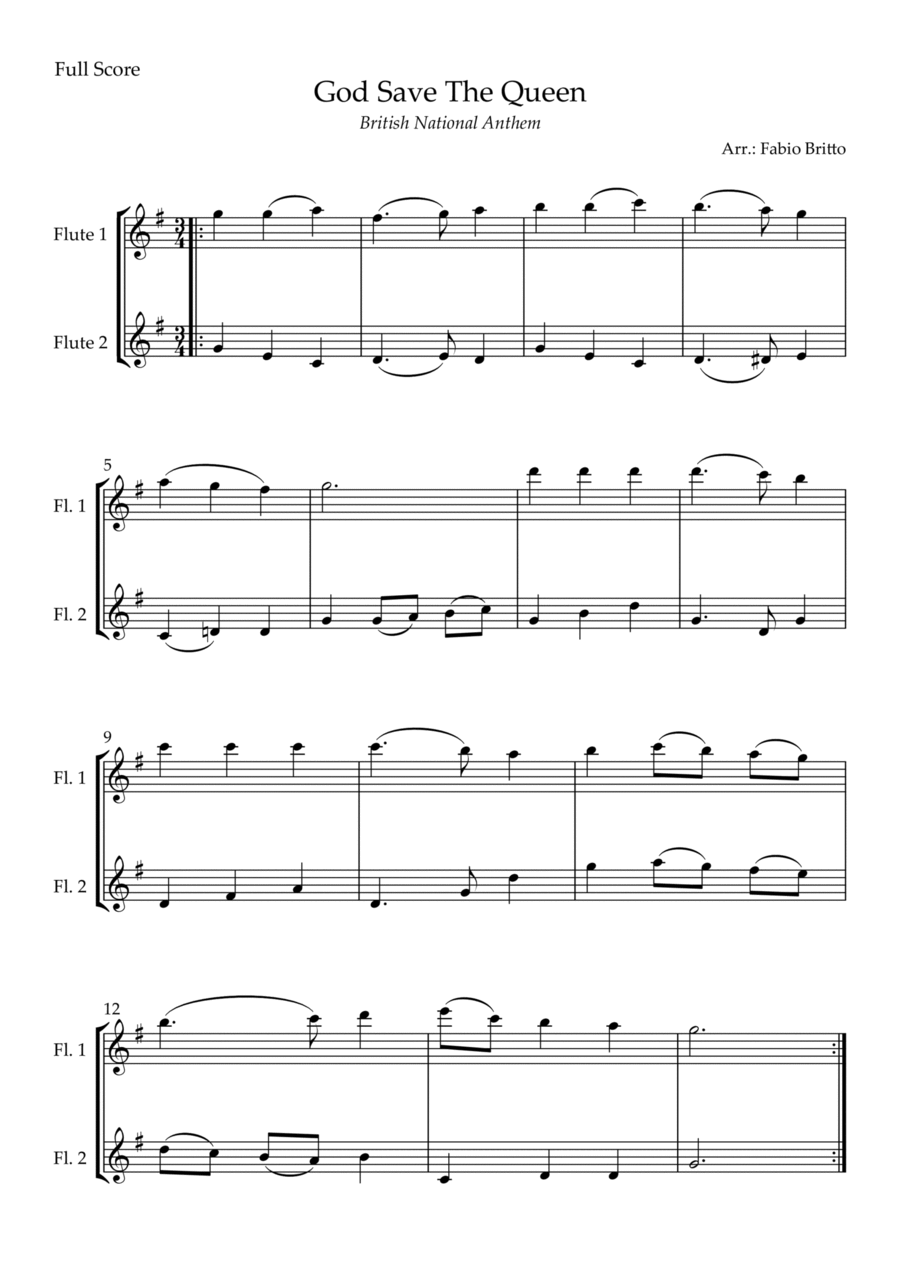 God Save The Queen (British National Anthem) for Flute Duo God Save The Queen (British National Anthem) for Flute Duo Flute Duet scores gallery preview page 1