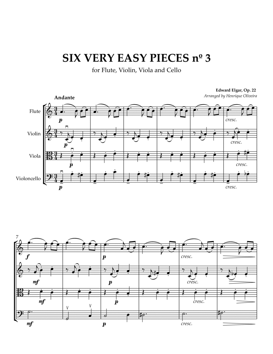 Six Very Easy Pieces nº 3 (Andante) - For Flute, Violin, Viola and Cello image number null
