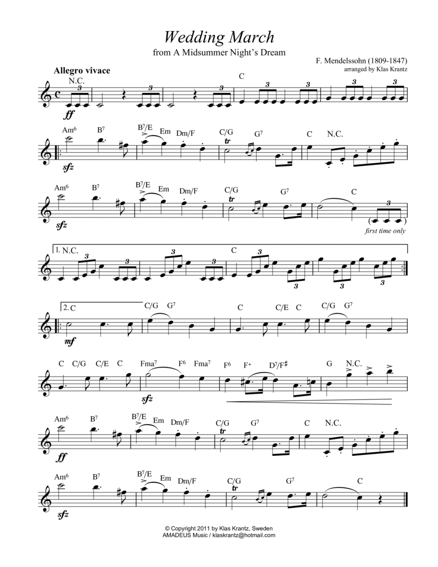 Wedding Music (Mendelssohn and Wagner) - lead sheet with guitar chords