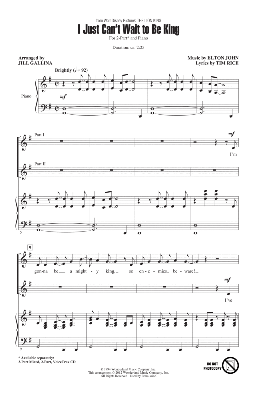 I Just Can't Wait To Be King (arr. Jill Galina) (from The Lion King) 2-Part scores gallery preview page 1