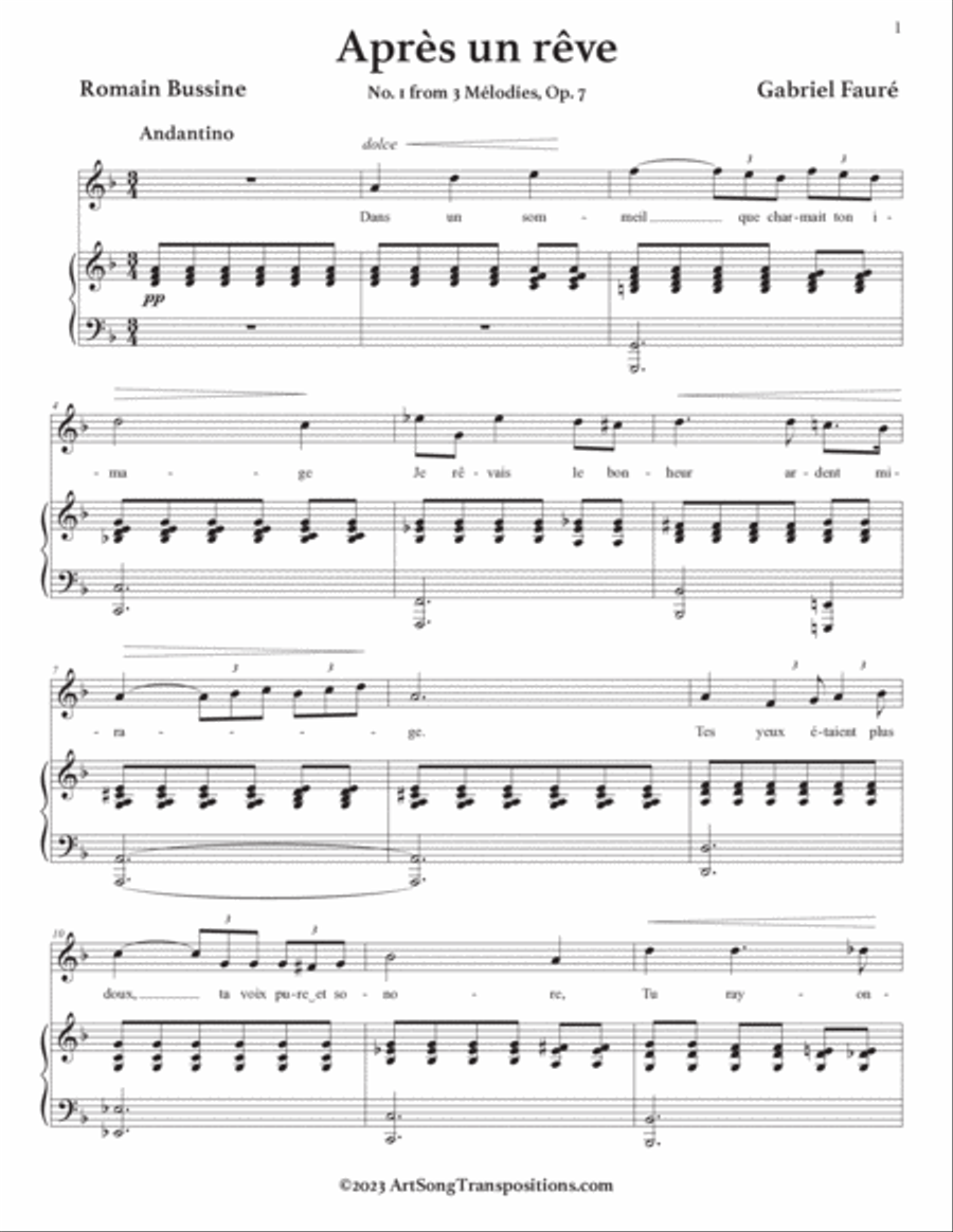 FAURÉ: Après un rêve, Op. 7 no. 1 (transposed to D minor and C-sharp minor) Voice scores gallery preview page 2