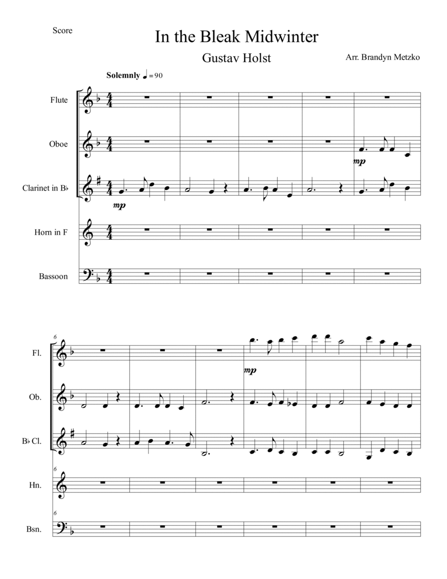 In the Bleak Midwinter Woodwind Quintet scores gallery preview page 1
