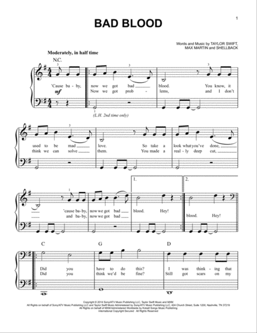 Bad Blood Bad Blood Easy Piano scores gallery preview page 1
