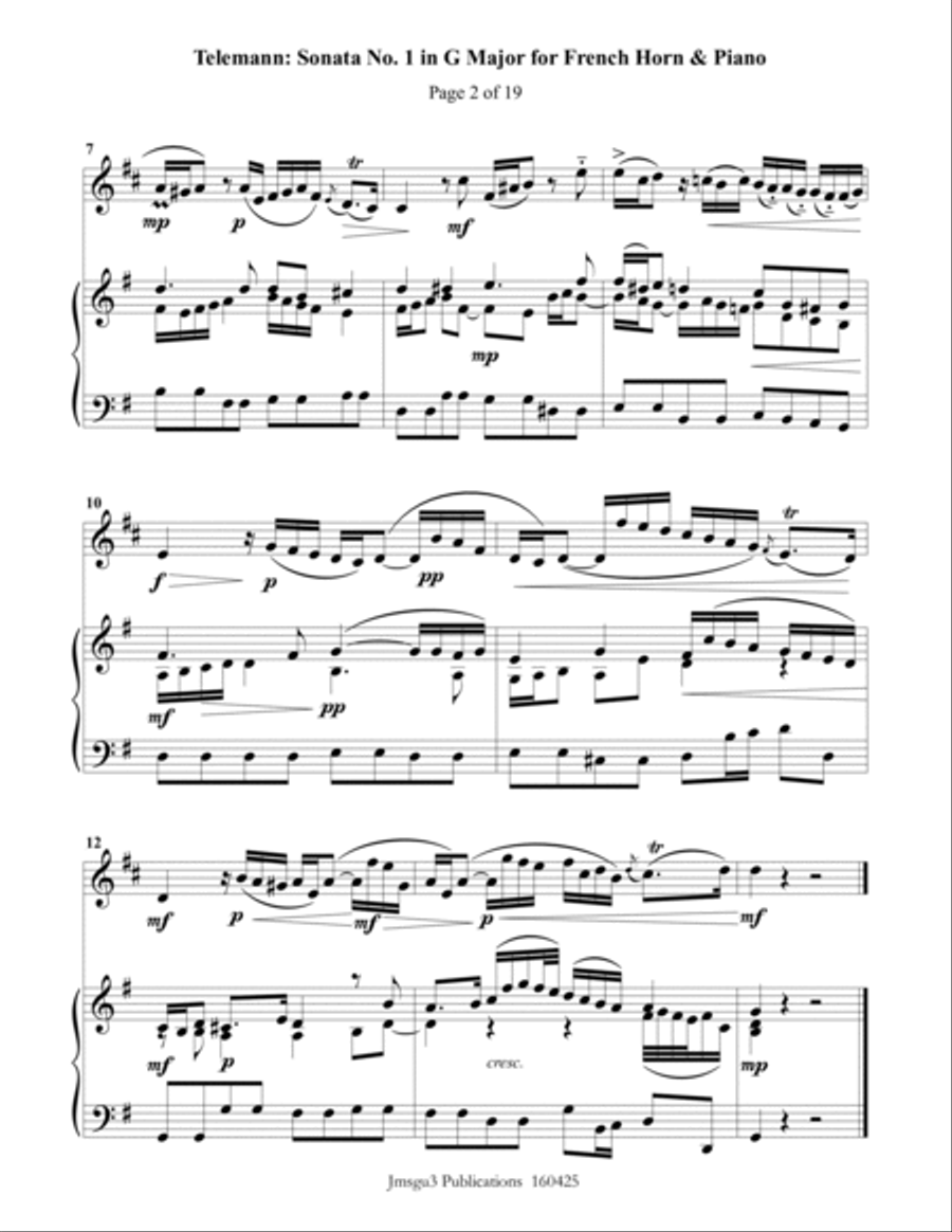 Telemann: Sonata in G Major for French Horn & Piano Horn scores gallery preview page 2