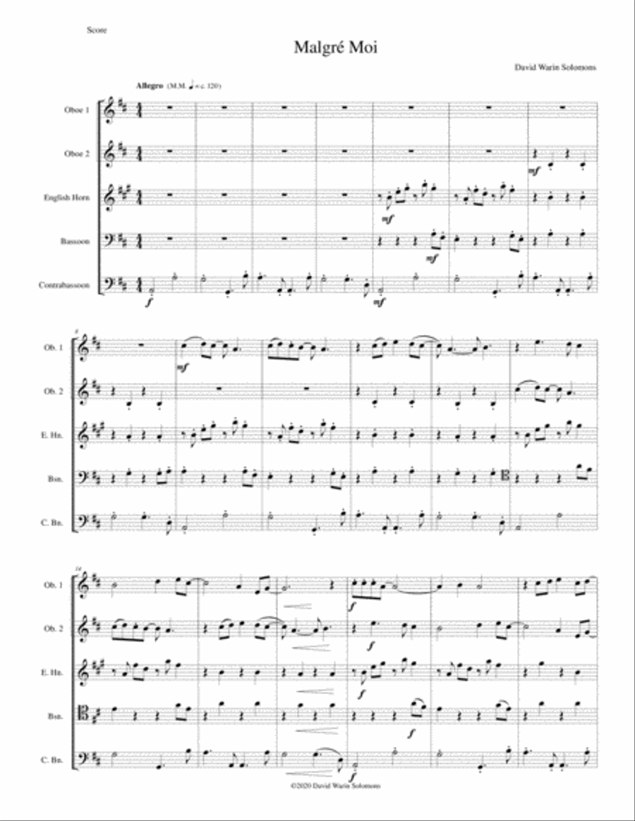 Malgré Moi for double-reed quintet (2 oboes, cor anglais, bassoon, contrabassoon) English Horn scores gallery preview page 1