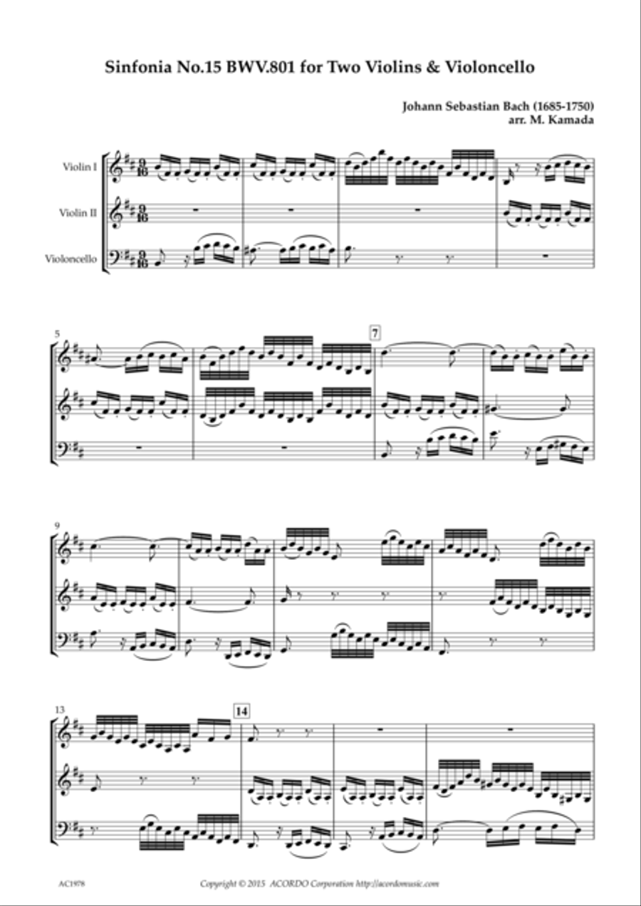 Sinfonia No.15 BWV.801 for Two Violins & Violoncello String Duet scores gallery preview page 1