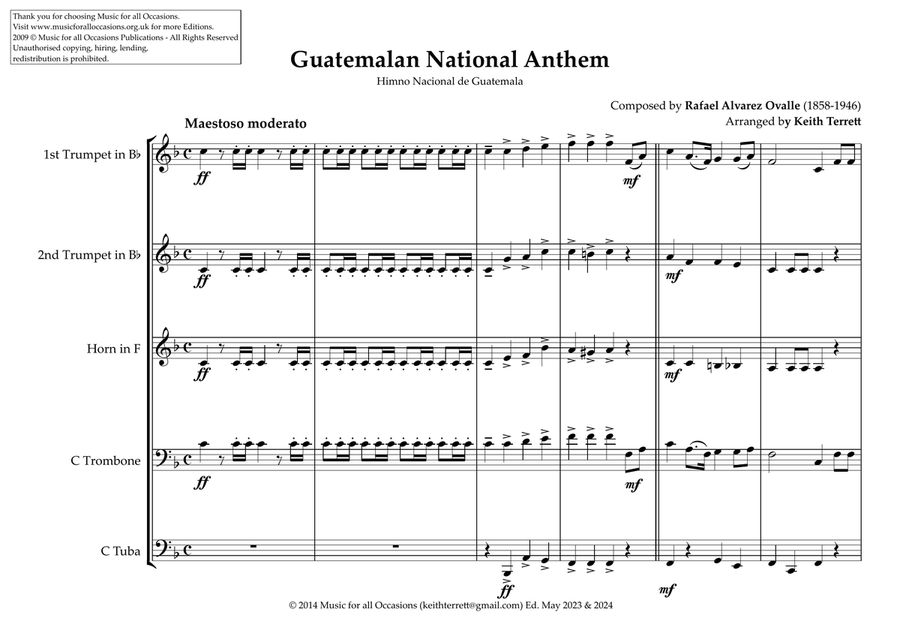Guatemalan National Anthem (Himno Nacional de Guatemala) for Brass Quintet Brass Quintet scores gallery preview page 2