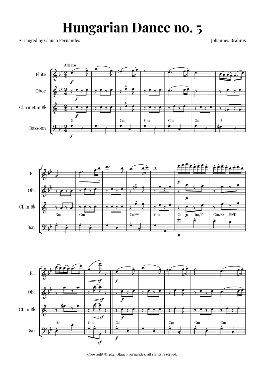 Hungarian Dance No. 5 Woodwind Quartet scores gallery preview page 1