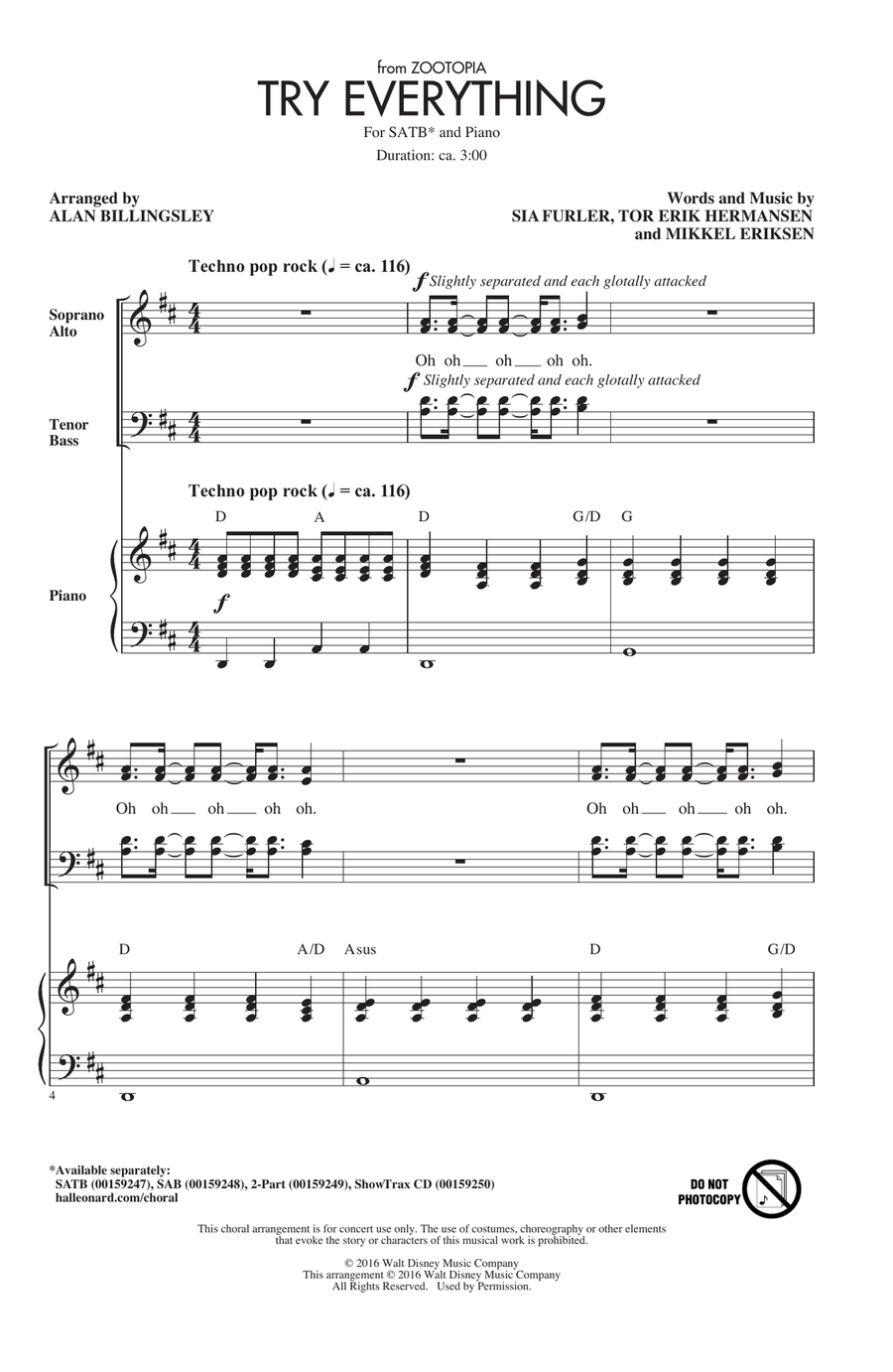Try Everything (from Zootopia) (arr. Alan Billingsley) 4-Part scores gallery preview page 1
