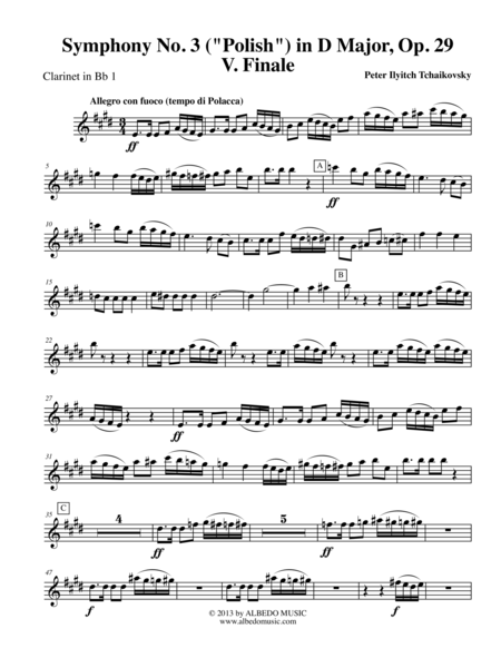Tchaikovsky Symphony No. 3, Movement V - Clarinet in Bb 1 (Transposed Part), Op. 29