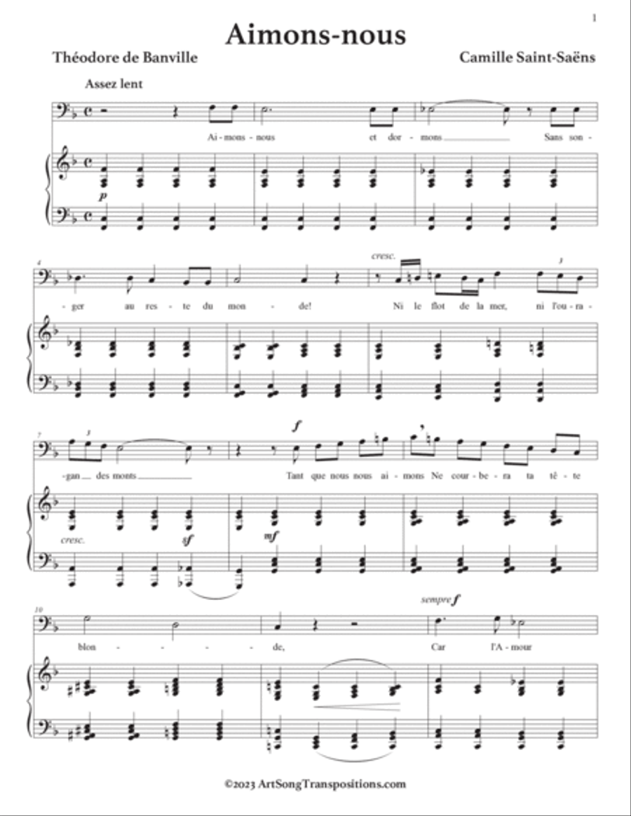 SAINT-SAËNS: Aimons-nous (transposed to F major, bass clef) Voice scores gallery preview page 2