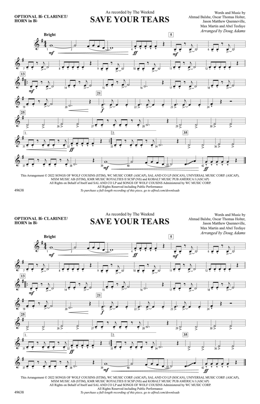 Save Your Tears: Optional Bb Clarinet/Horn in Bb Marching Band scores gallery preview page 1