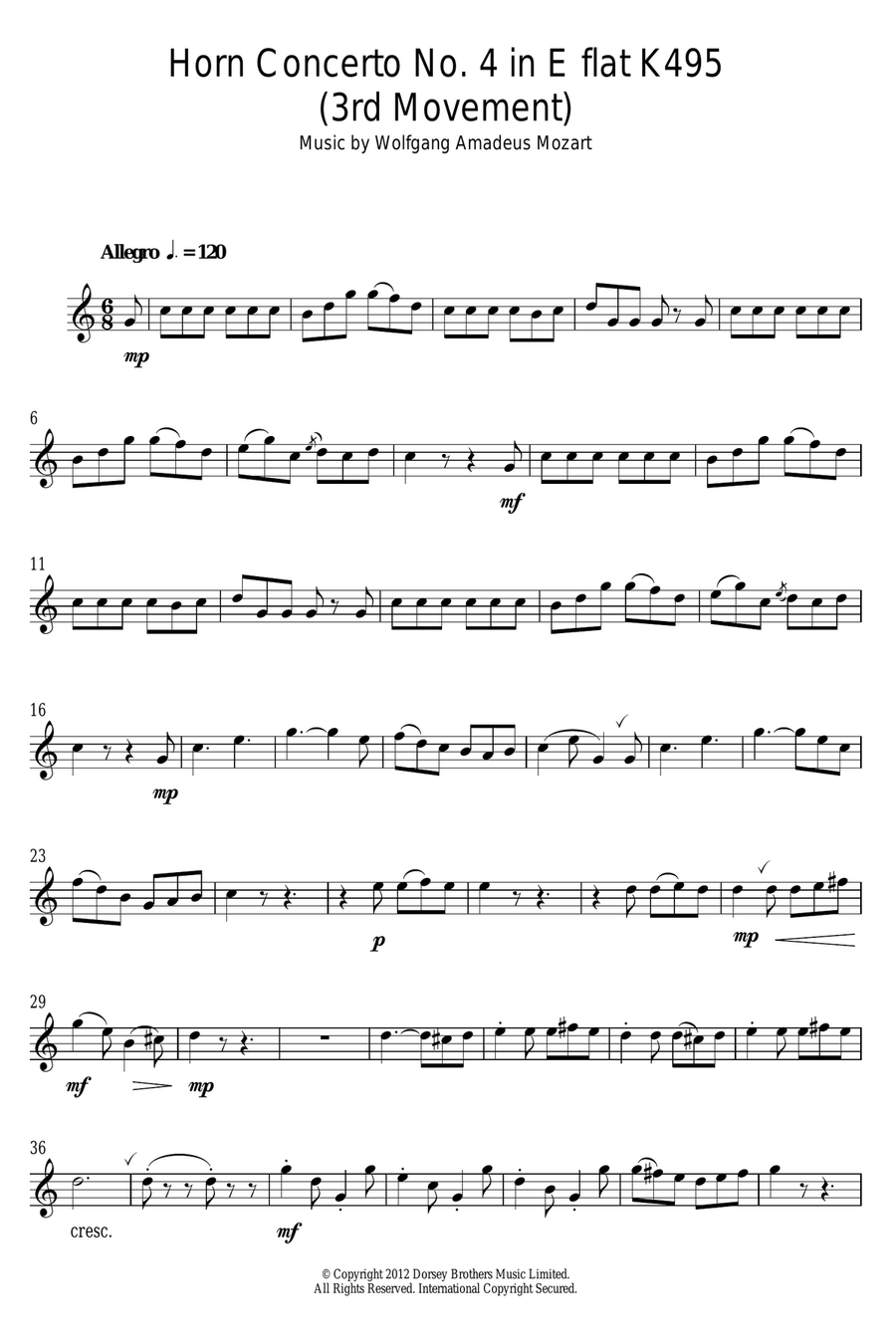 Rondo from Horn Concerto No.4, K495 Alto Saxophone scores gallery preview page 1