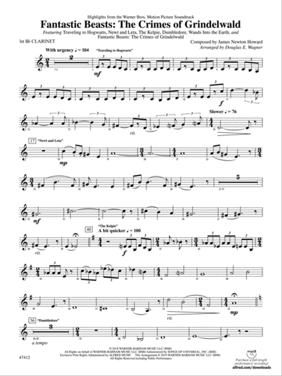 Fantastic Beasts: The Crimes of Grindelwald: 1st B-flat Clarinet Concert Band scores gallery preview page 1