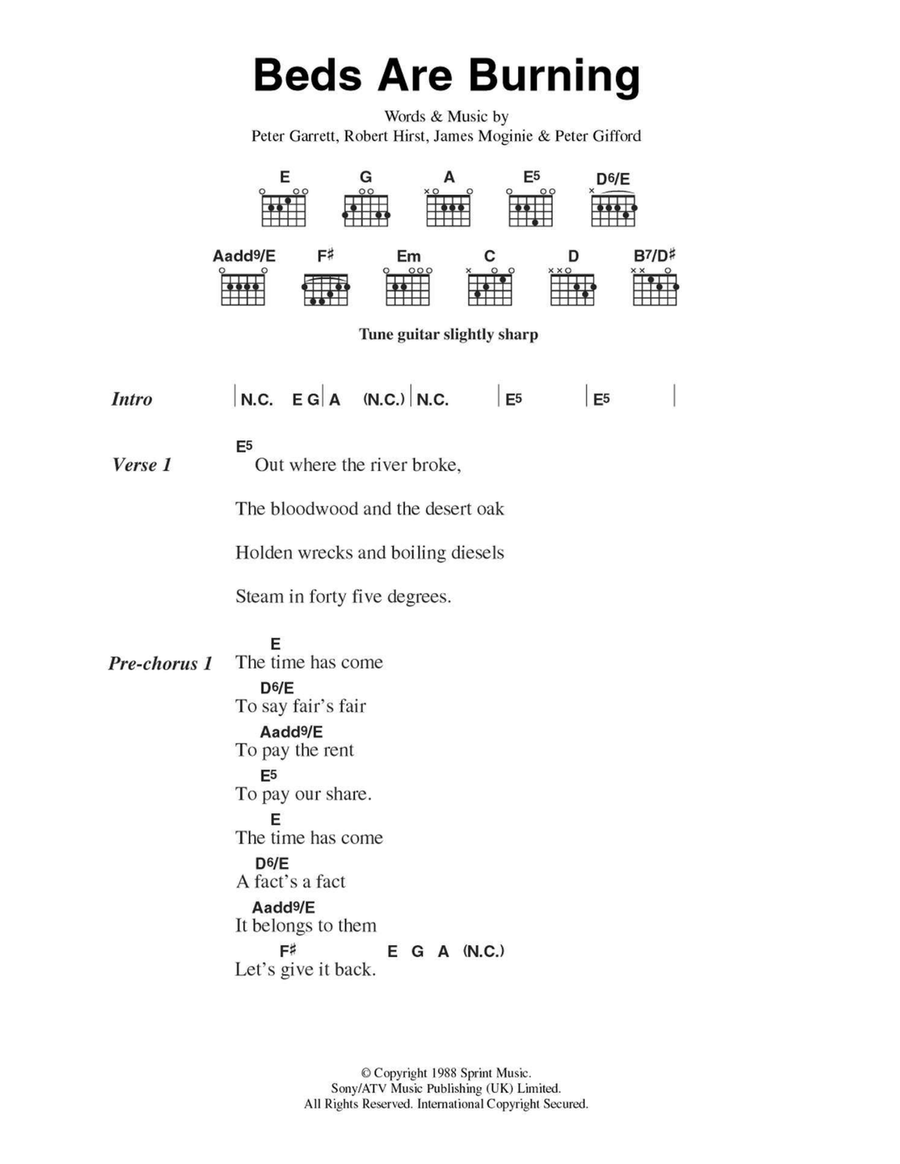 Beds Are Burning Easy Guitar scores gallery preview page 1