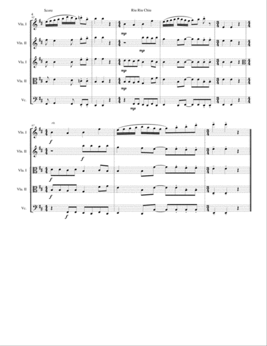 Riu Riu Chiu arranged for string quintet (2 violins, 2 violas, 1 cello) String Trio scores gallery preview page 4