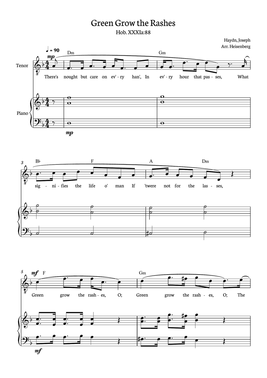 Joseph Haydn - Green Grow The Rashes for Tenor with Piano and chords in D minor. Piano, Vocal scores gallery preview page 1