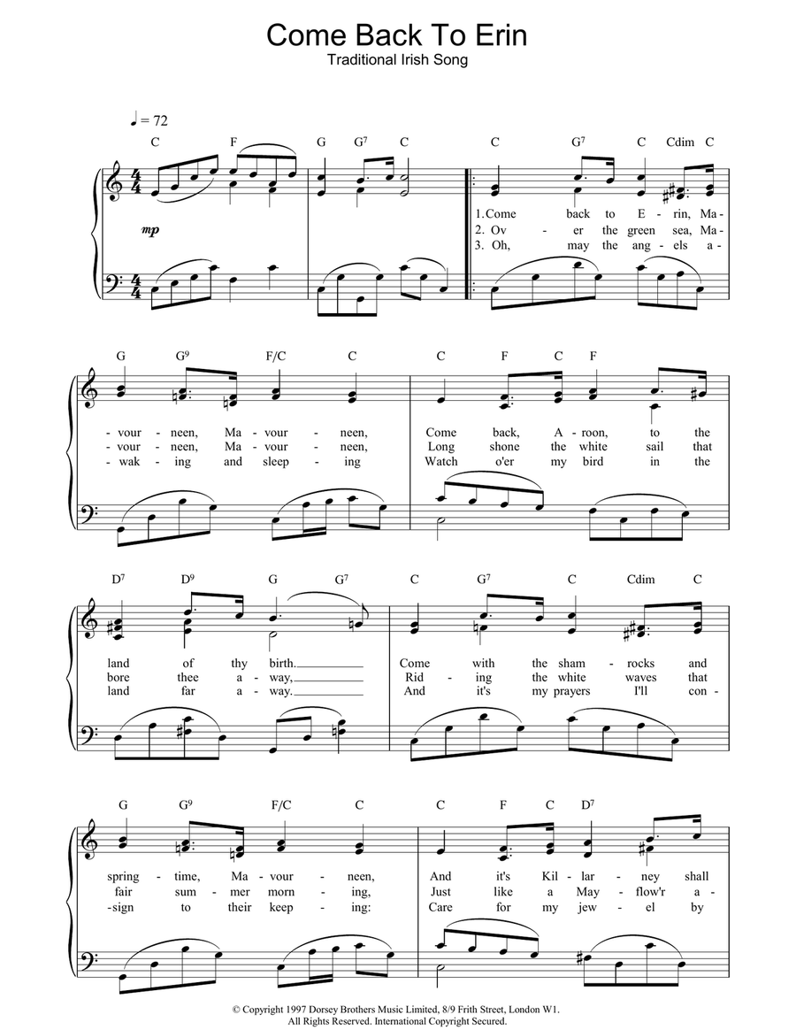 Come Back To Erin Piano, Vocal, Guitar scores gallery preview page 1