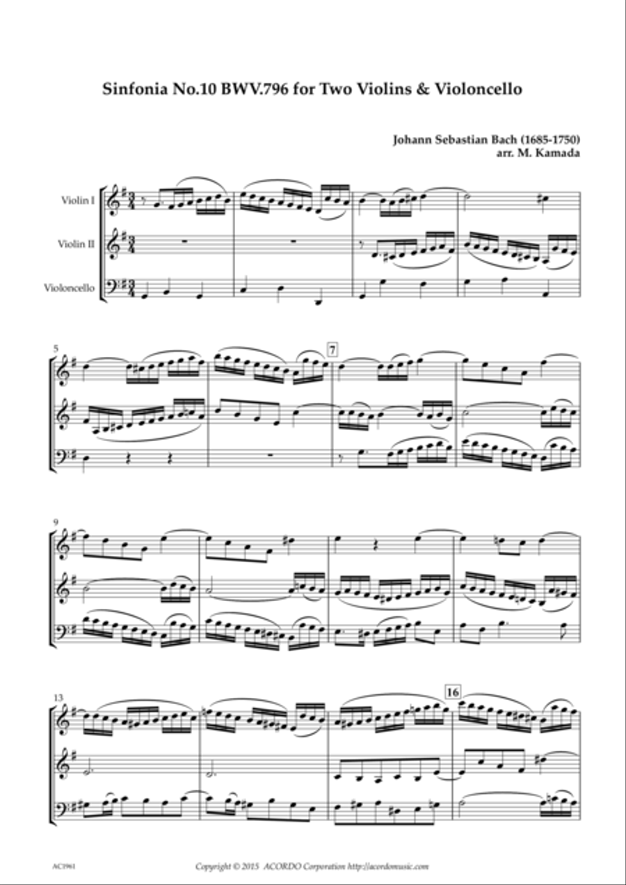 Sinfonia No.10 BWV.796 for Two Violins & Violoncello String Duet scores gallery preview page 1