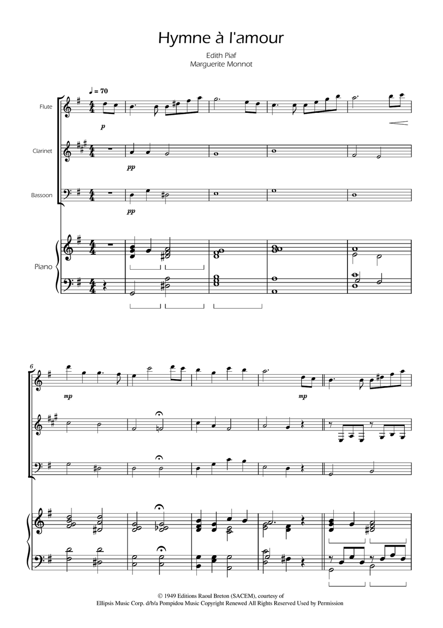Hymne A L'amour Woodwind Trio scores gallery preview page 1