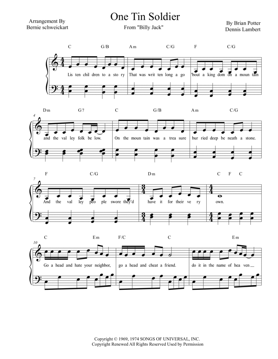 One Tin Soldier Piano, Vocal, Guitar scores gallery preview page 1