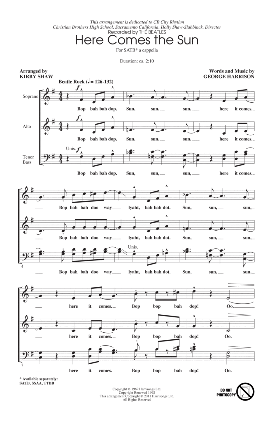 Here Comes The Sun (arr. Kirby Shaw) 4-Part scores gallery preview page 1
