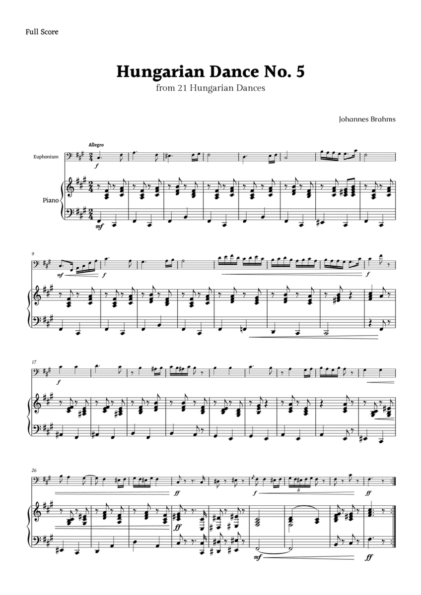 Hungarian Dance No. 5 by Brahms for Euphonium and Piano image number null