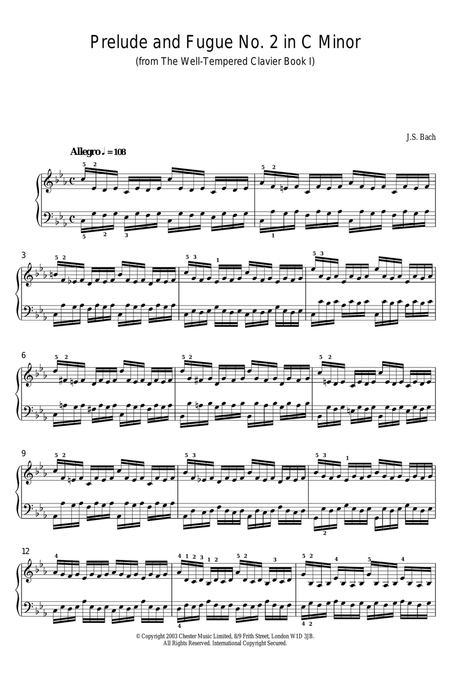 Prelude and Fugue No.2 in C Minor (from The Well-Tempered Clavier, Bk.1) Piano Solo scores gallery preview page 1