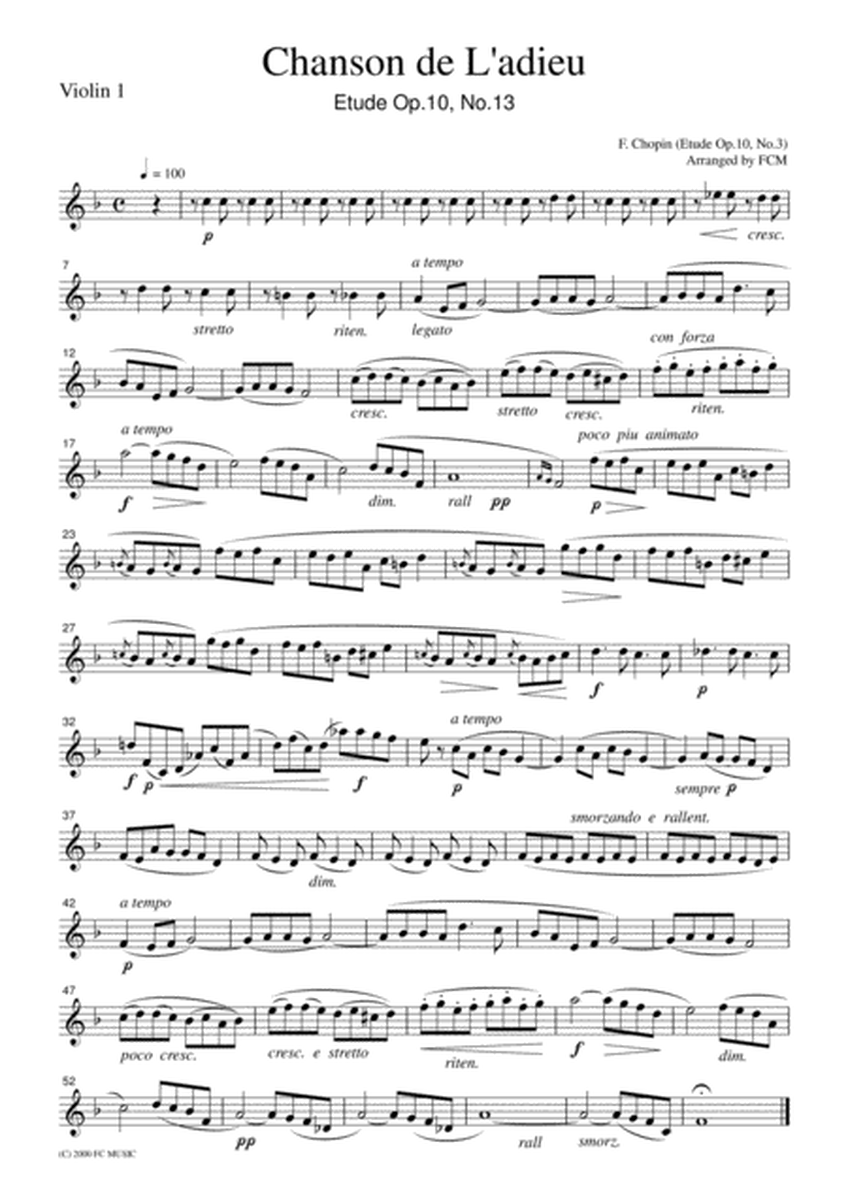 Chopin Chanson De L'adieu (Etude Op.10, No.3), for string quartet, CC001 image number null