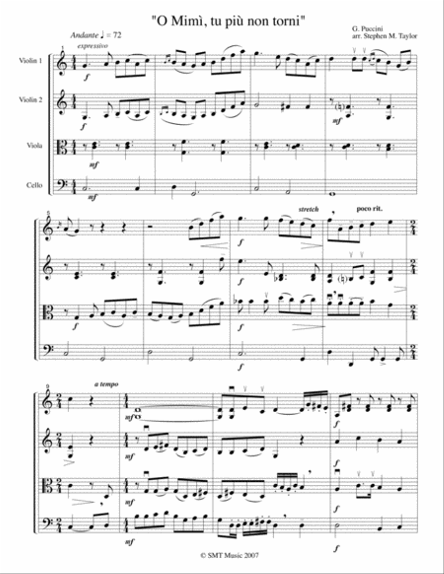 O Mimi, tu più non torni (from La Boheme) String Quartet scores gallery preview page 1
