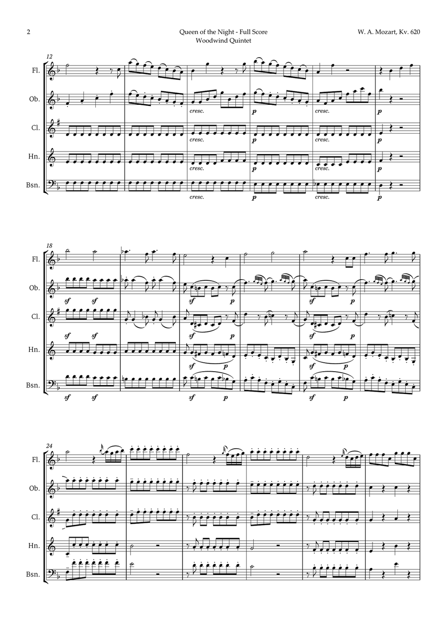 Queen of the Night Aria by Mozart for Woodwind Quintet Woodwind Quintet scores gallery preview page 2