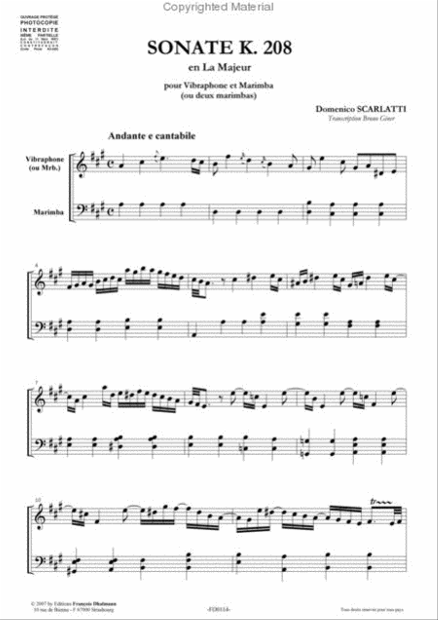 Sonate K. 208 en la majeur. Transcription Bruno Giner Percussion scores gallery preview page 2
