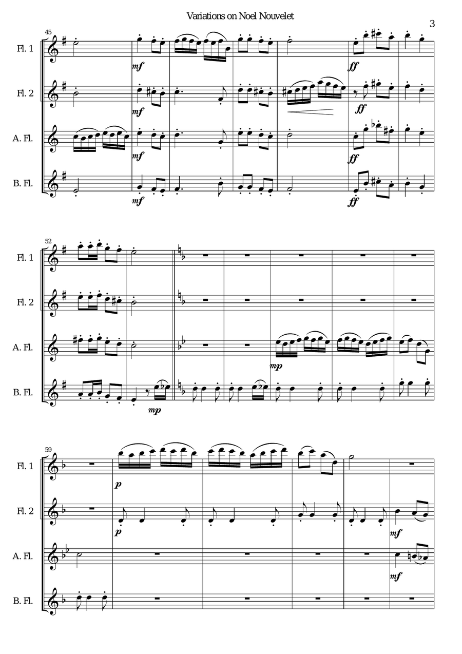 Variations on Noel Nouvelet for flute quartet Flute Quartet scores gallery preview page 3
