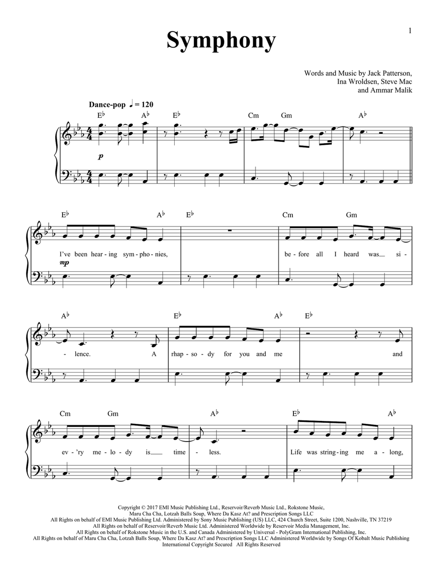 Symphony (feat. Zara Larsson) Easy Piano scores gallery preview page 1