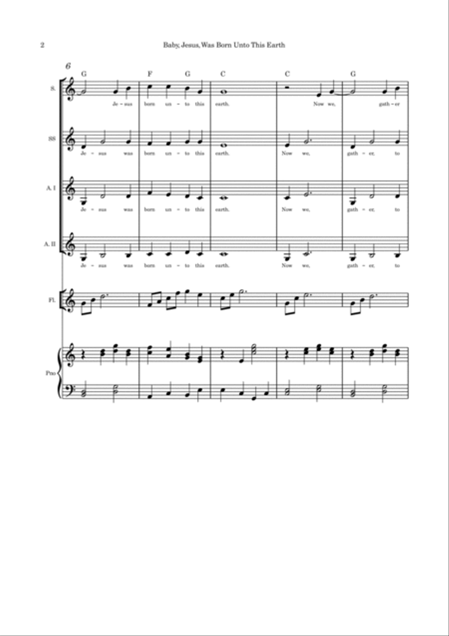 Baby Jesus Was Born Unto This Earth SSAA flute or cello or violin and piano SSAA scores gallery preview page 2