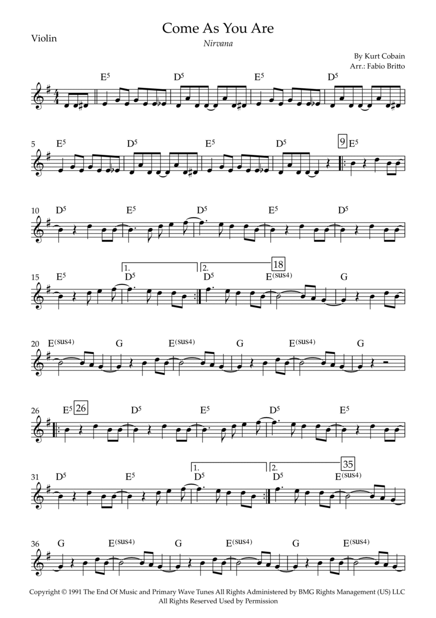 Come As You Are Violin Solo scores gallery preview page 1